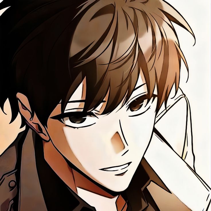 an anime character with black hair and brown eyes, wearing a jacket and tie while holding his hand to his ear