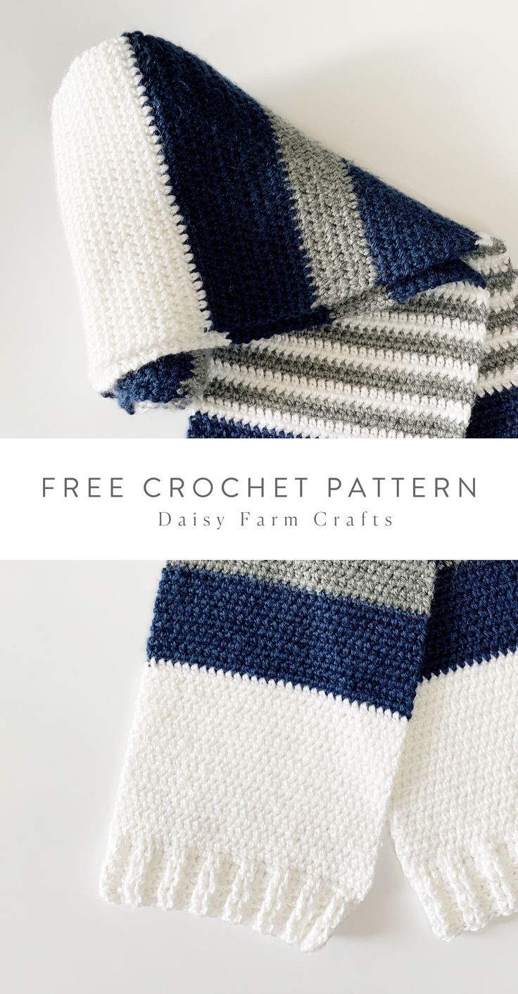 a white and blue striped scarf with text overlay that says free crochet pattern