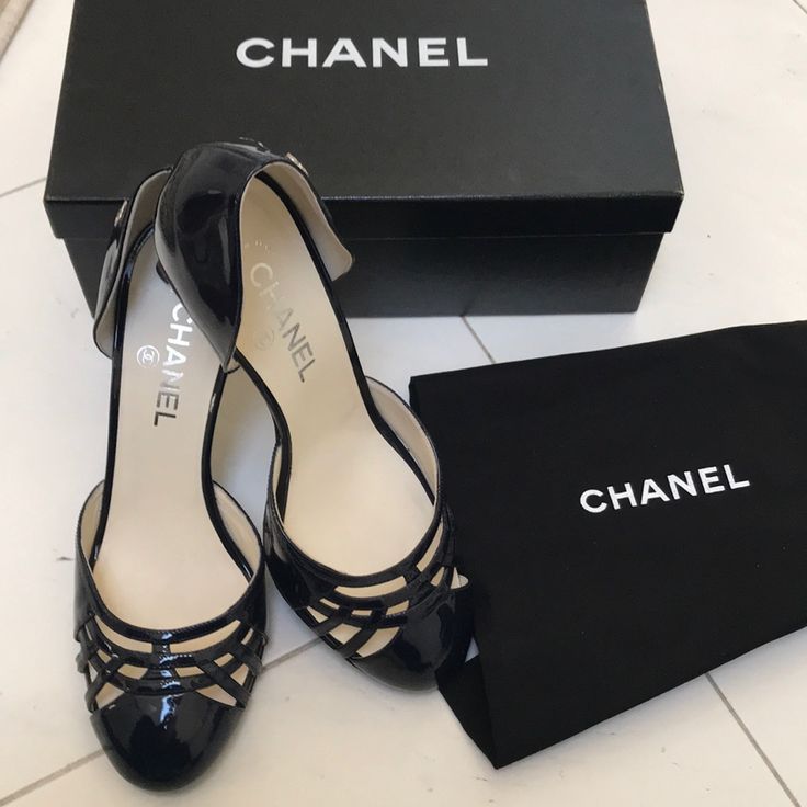 Very Dark Navy Color. Comes With Dust Bags And Original Box Elegant Open Toe Sandals For Shopping, Luxury Round Toe Heels For Shopping, Luxury Summer Heels For Shopping, Elegant Blue Patent Leather Sandals, Shoes Chanel, Chanel Sandals, Chanel Shoes, Navy Color, Dark Navy