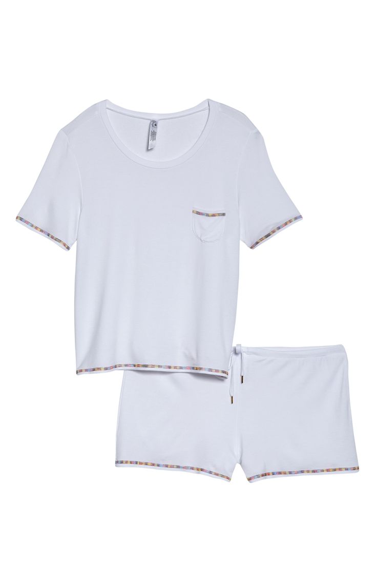 Short-sleeve pajamas in a blissfully soft knit you'll want to live in are detailed with colorful embroidery. 23" top length; 2 1/2" inseam; 14" leg opening; 9 1/2" front rise; 12 1/2" back rise Top has crewneck; short sleeves Shorts have drawstring waist 95% rayon, 5% spandex Machine wash, line dry Imported Fitted Spring Pajama Shorts For Loungewear, White Crew Neck Bedtime Sets, White Short Sleeve Lounging Sets, White Fitted Sleepwear For Loungewear, White Stretch Sleepwear With Short Sleeves, White Crew Neck Sleep Set, White Summer Sleepwear With Crew Neck, White Stretch Tops For Bedtime, White Crew Neck Sleepwear For Pajama Party