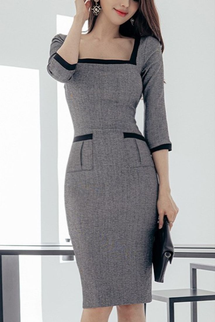 Shop this Gray Square Collar Slim Midi Dress from our Midi Dresses collection. Pradize.com | Online Boutique Fashion Store Sheath Dresses Pattern, Elegant Midi Dresses, Patchwork Dress, Knee Length Dresses, Party Dresses For Women, Glamorous Evening Gowns, Gray Dress, Elegant Fashion, Sheath Dress