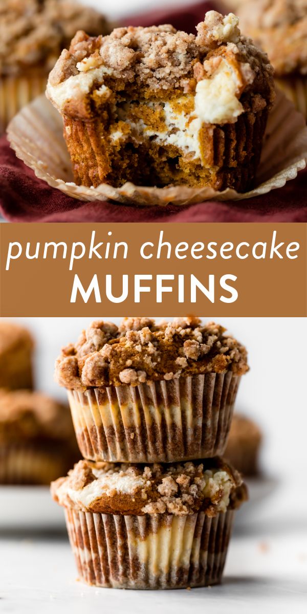 pumpkin cheesecake muffins stacked on top of each other with the words, pumpkin cheesecake muffins