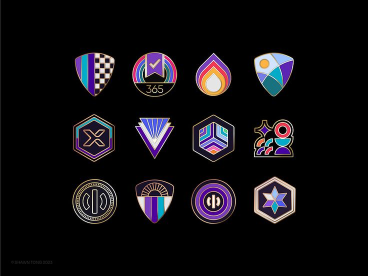 a bunch of badges that are on a black background in different colors and shapes, all with the same design