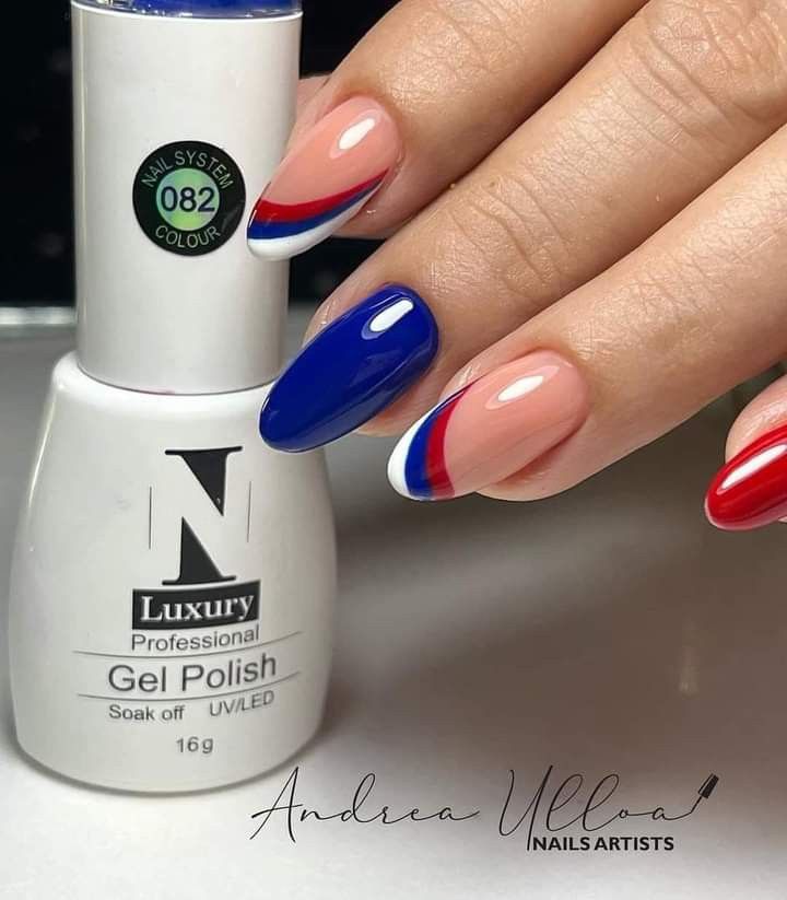 White Red And Blue Nails, Red Blue Nail Designs, Red And Blue Almond Nails, Blue White And Red Nails, Royal Blue And Red Nails, Red Blue And White Nails, Red Blue White Nails, Red And Blue Nail Designs, Red White And Royal Blue Nails