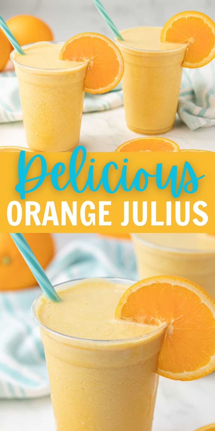 orange juice in glasses with straws on the side and text overlay that reads delicious orange juice