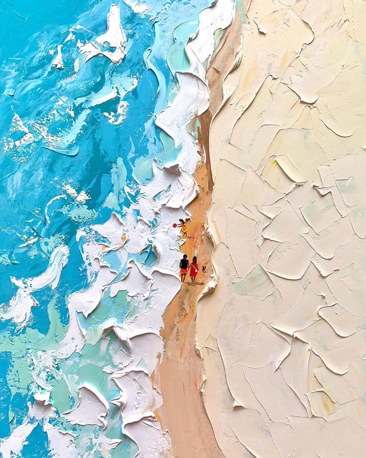 two people are walking on the beach by the water's edge, with blue and white waves