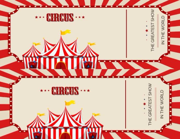 two circus tickets with red and white striped tents in the middle one has a yellow bird on it