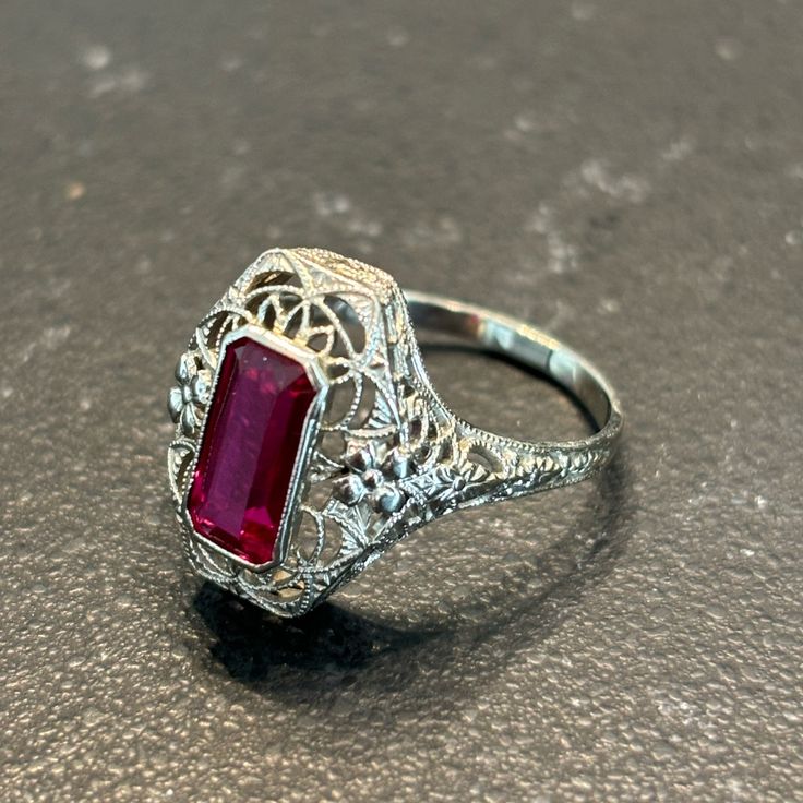 Extremely Vintage Statement Ring. Zero Flaws And Stone Is Still In Perfect Condition. 14 Karat White Gold, Stamped. Exquisite Diamond Cut Filigree Ring For Formal Occasions, Art Deco Ruby Jewelry Hallmarked, Silver Oval Ruby Ring In Art Deco Style, Antique Ruby Jewelry With Filigree, Exquisite Oval Filigree Ring, Art Deco Ruby Ring Jewelry, Classic Silver Ruby Ring For Anniversary, Fine Jewelry Filigree Ring With Gemstone, Sterling Silver Ruby Ring For Formal Occasions