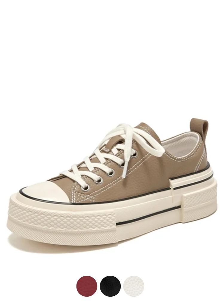 Speak your style by wearing the Women's Amelia platform sneaker from USS Shoes. It features a classic design with a leather upper, rubber toe cap, and a trend-right double-stacked outsole for added interest. The lace-up closure and solid pattern make them perfect for any season, while the pigskin insole ensures a perfect fit. These platform sneakers are a versatile addition to any wardrobe, available in black, khaki, beige, and wine. Trendy Lace-up Wedge Sneakers With Rubber Sole, Chunky Lace-up Sneakers With Thick Bottom And White Sole, Lace-up Thick Bottom Skate Shoes For Streetwear, Round Toe Canvas Shoes With Thick Bottom For Streetwear, Thick Sole Canvas Shoes For Streetwear, Thick Bottom Canvas Shoes With Round Toe For Streetwear, Lace-up Canvas Shoes With Thick Bottom And White Sole, Canvas Shoes With Thick White Sole For Streetwear, Streetwear Canvas Shoes With Thick White Sole