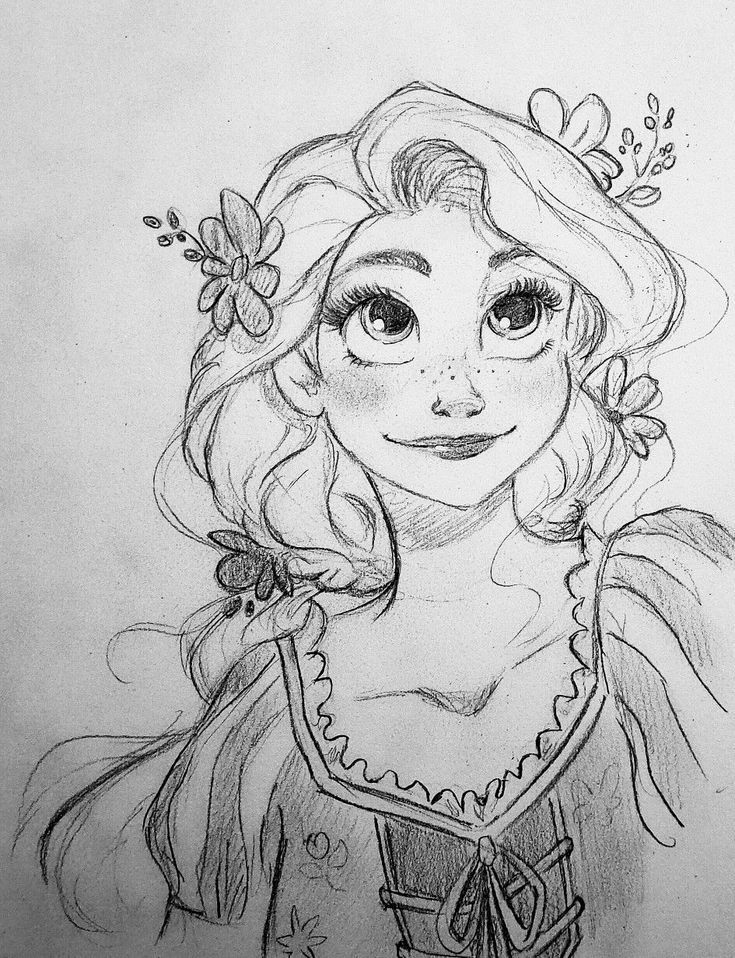 a pencil drawing of a girl with big eyes and a flower in her hair, wearing a dress