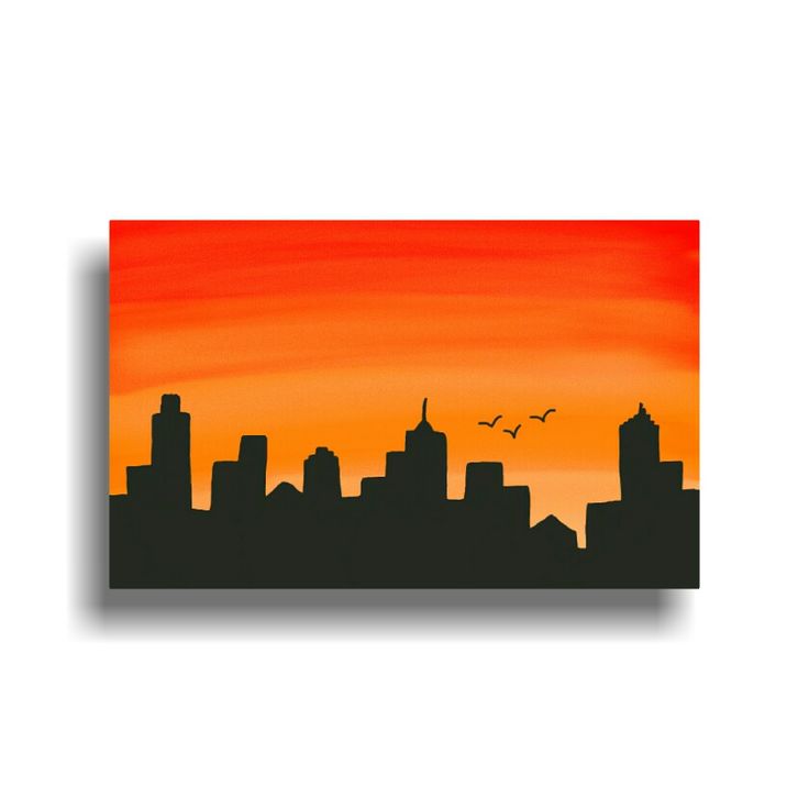 a painting of a city skyline with birds flying in the sky at sunset or dawn