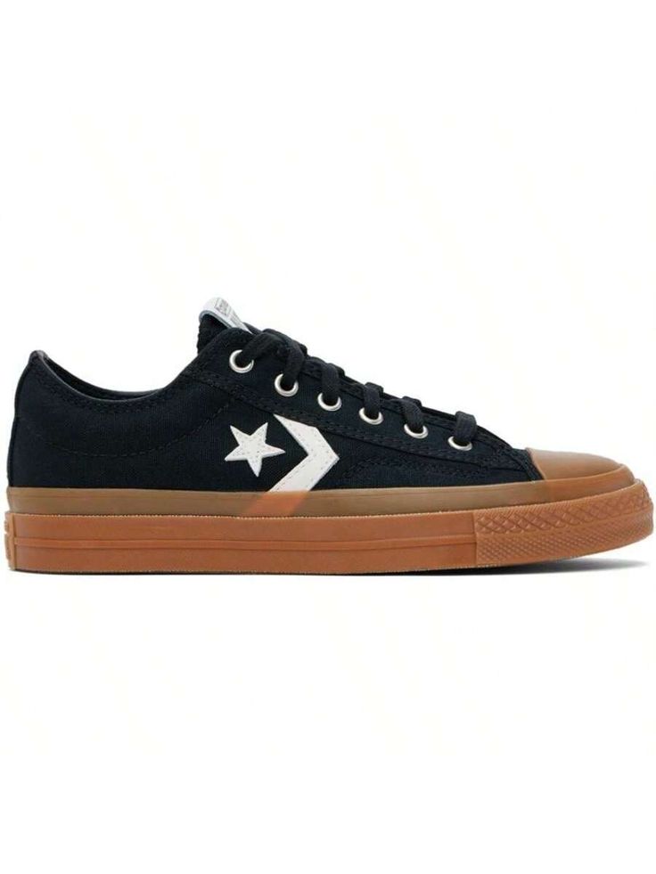 Converse 
Black Star Player 76 Low Top Sneakers 
Low-top canvas sneakers in black. 
. Rubber cap toe 
. Lace-up closure 
. Leather logo patch at padded tongue 
. Padded collar 
. Grained leather logo appliqué at sides 
. Cushioned Ortholite® footbed 
. Mesh lining 
. Rubberized logo patch at midsole 
. Treaded rubber sole 
Supplier color: Black/Vintage white/Gum 
Upper: textile, leather. Sole: rubber. 
Made in Viet Nam. 
241799M237033 
Black Star Player 76 Low Top Sneakers default         Sports Sporty Brown Canvas Shoes For Streetwear, Canvas Sneakers With Logo Patch And Round Toe, Canvas Sneakers With Rubber Toe Cap For Skateboarding, Sporty Canvas Sneakers With Logo Patch, Skateboarding Canvas Sneakers With Rubber Toe Cap, Black Canvas Shoes With Rubber Toe Cap For Sports, Sporty Canvas Shoes With Logo Patch And White Sole, Sporty Canvas Shoes With Logo Patch, Casual Leather Skate Shoes With Embroidered Logo