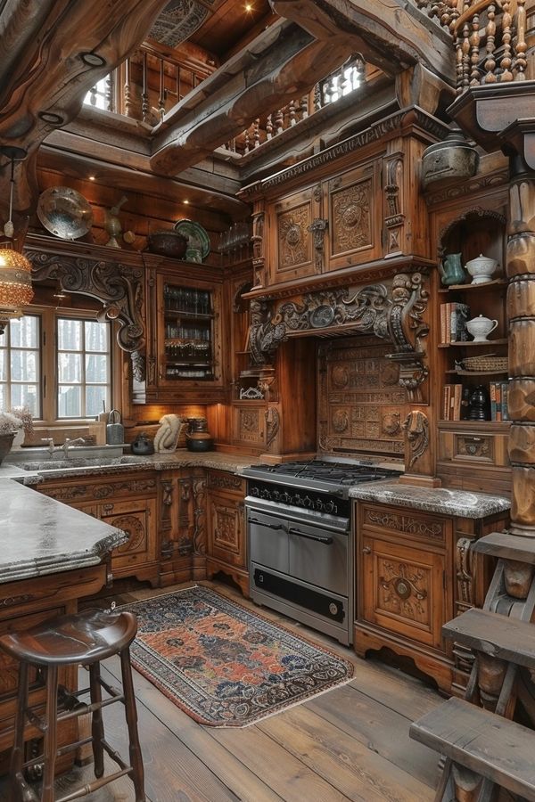 a large kitchen with wooden cabinets and an island in the middle is decorated with intricate carvings