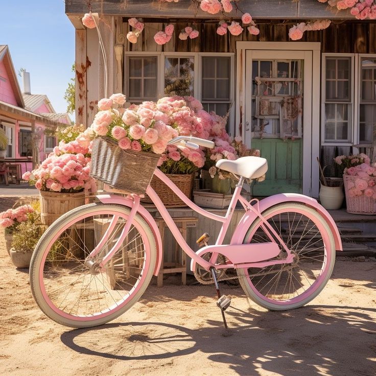 a pink bicycle parked in front of a flower shop