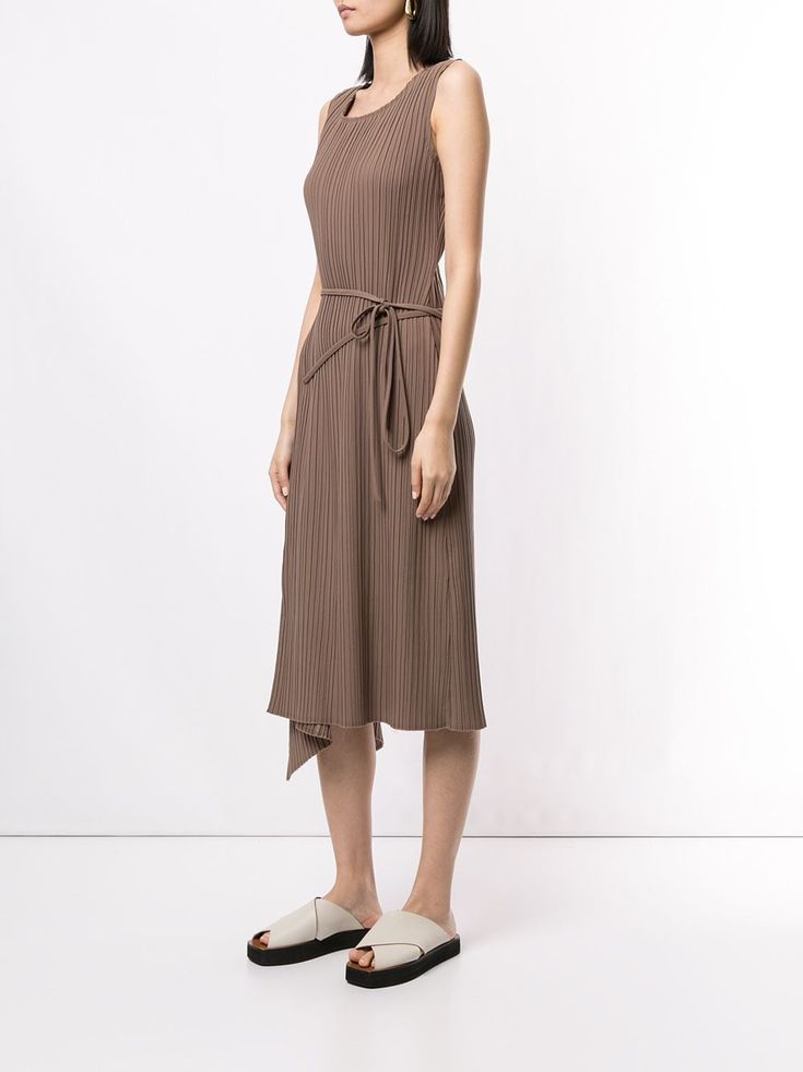 Shop brown Goen.J asymmetric drape shift dress with Express Delivery - Farfetch Spring Belted Dress With Asymmetrical Hem, Chic Pleated Sleeveless Asymmetrical Dress, Chic Sleeveless Pleated Asymmetrical Dress, Spring Asymmetrical Belted Dresses, Spring Midi Dress With Asymmetrical Hem And Belt, Summer Asymmetrical Hem Belted Dress, Belted Midi Dress With Asymmetrical Hem For Summer, Summer Midi Dress With Belted Asymmetrical Hem, Chic Midi Dress With Belted Asymmetrical Hem