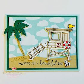 a card with a lifeguard chair and palm tree