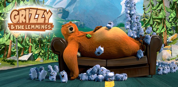 an animated character laying on a couch in the middle of a forest with blue birds