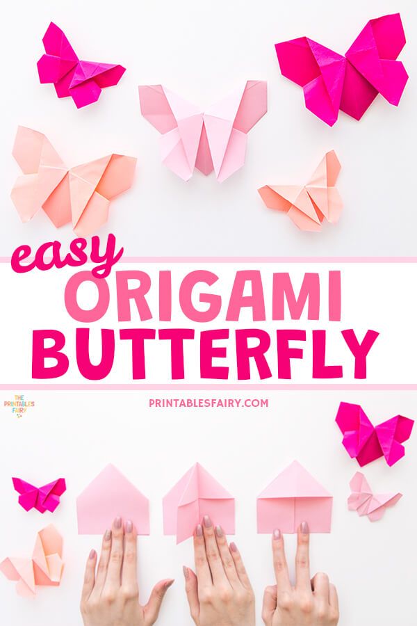 origami butterfly craft for kids to make with pink paper and butterflies on white background