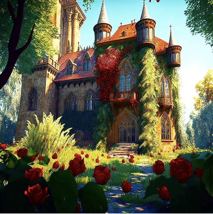 an animated image of a castle with roses in the foreground and trees around it