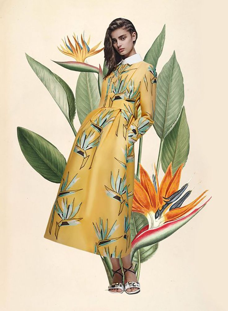 an image of a woman in a yellow dress with tropical flowers on the side and green leaves