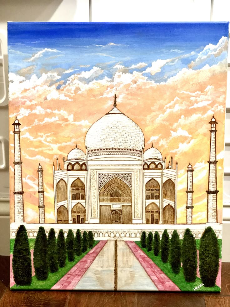 this is an image of a painting of the tajwa mosque in india, painted with acrylic paint