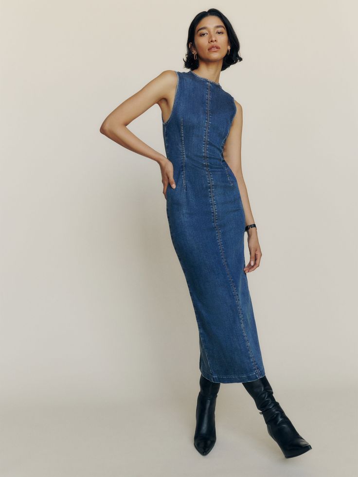 Denim Dress Outfit, Long Denim Dress, Column Skirt, Denim Midi Dress, Stretch Denim Fabric, Midi Dress Sleeveless, Get Dressed, Denim Dress, Fashion Inspo Outfits