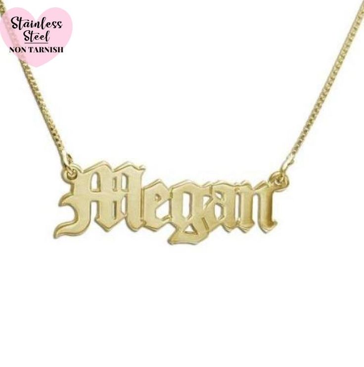 Design your own one-of-a-kind necklace with your name or a special word! Old English name necklace; nameplate necklace font. Premium quality Stainless Steel. It does NOT Tarnish Or Rust (100% guaranteed). Free shipping. 4-8 letter is best (MAX 10 letters). Chain type: Box-Chain This item is made-to-order, please allow 10-20 business days for the item to create. If you are ordering more items, we recommend to order them in a separated order. As this item is custom made for you, it will be non-ret Birthstone Nameplate Necklace, Gold Customizable Nameplate Necklace, Classic Customized Nameplate Necklace, Classic Custom Nameplate Necklace, Custom Name Nameplate Necklace, Classic Gold Customized Name Necklace, Classic Customized Gold Name Necklace, Gold Sterling Silver Letter Name Necklace, Diamond Nameplate Necklace