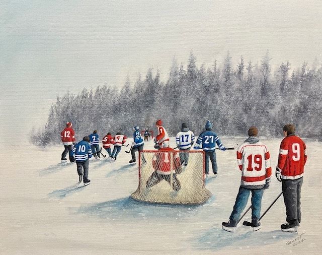 a painting of hockey players playing in the snow