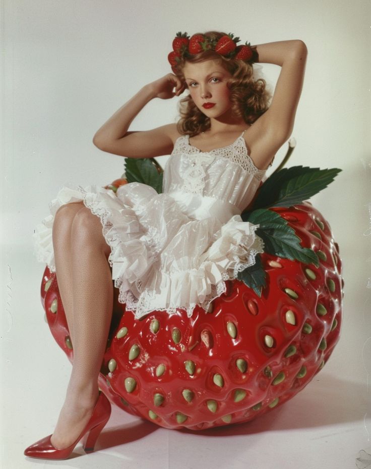 a woman sitting on top of a giant strawberry wearing red shoes and a white dress