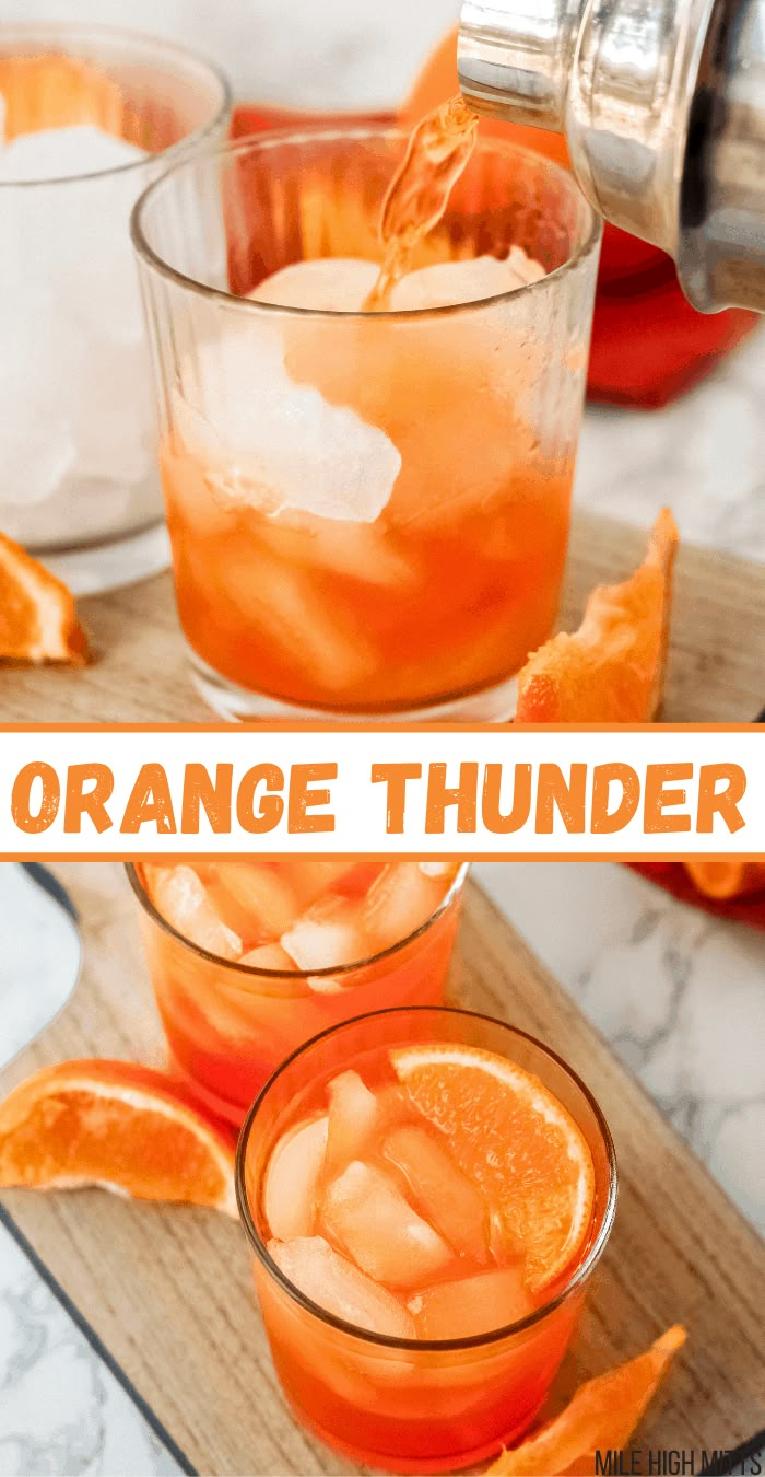 an orange drink is being poured into two glasses with ice and garnishes