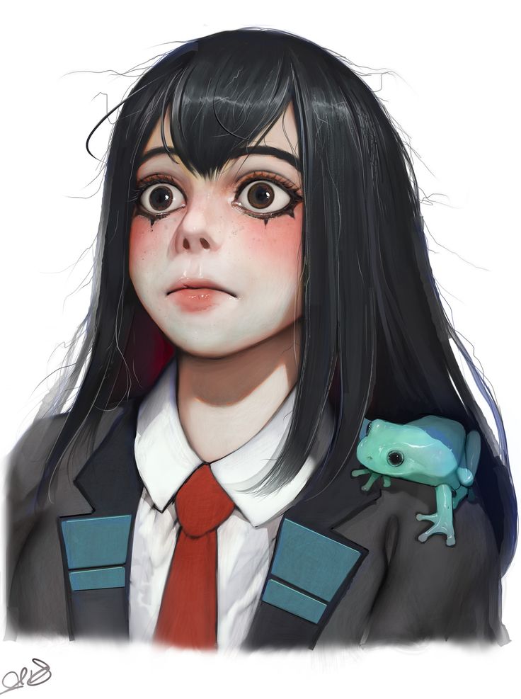 a drawing of a girl with long black hair and a frog on her shoulder, wearing a school uniform