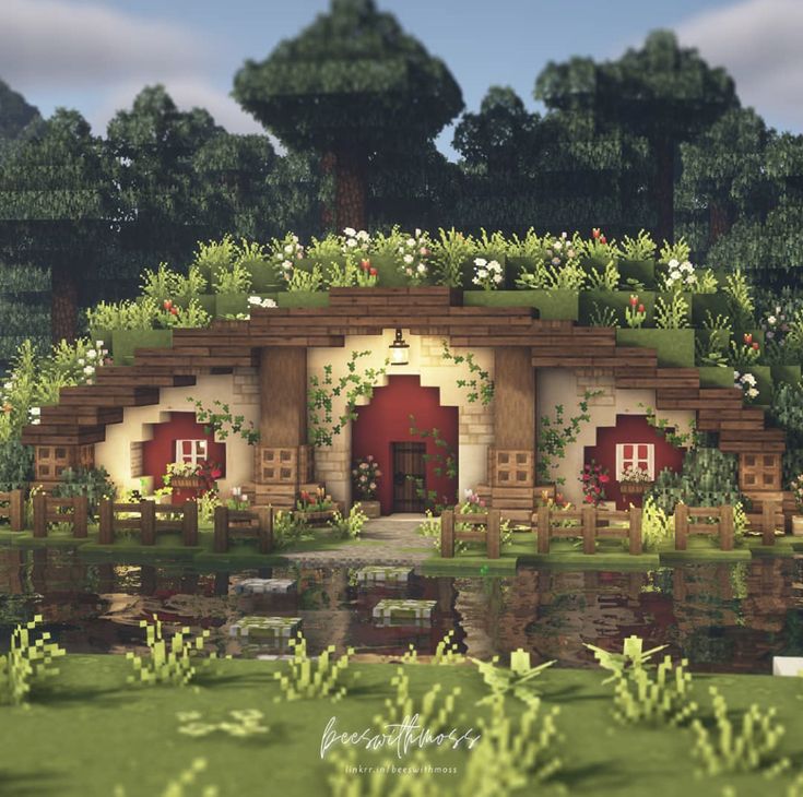 Survival Minecraft Cottage, Minecraft Houses In A Hill, Minecraft Grass Roof House, Minecraft Hobbit Houses Mountain, Hobbit Hill House Minecraft, Minecraft Houses With Brick, Aesthetic Minecraft Hobbit Hole, Cute Minecraft Hill House, Upgrade Village Minecraft