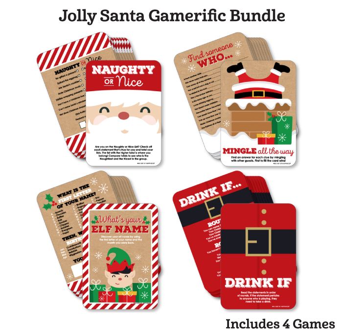 four christmas party game cards with santa's helper, drink it and drink it