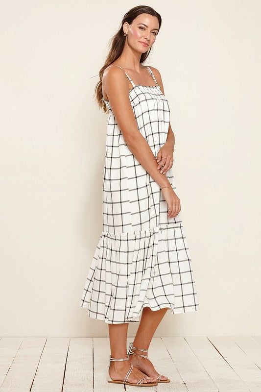 GRID PRINT SMOCKED MAXI DRESS Smocked chest Patched ruffle hem Grid print maxi dress Beach Maxi Dress With Square Neck And Ruffle Hem, Summer Maxi Dress With Pleated Hem, Summer Maxi Dress With Ruffle Hem And Square Neck, Summer Square Neck Maxi Dress With Ruffle Hem, Square Neck Maxi Dress With Ruffle Hem For Summer, Spring Maxi Dress With Ruffle Hem, Brunch Midi Sundress With Ruffle Hem, Vacation Midi Dress With Ruffle Hem And Square Neck, Vacation Midi Dress With Square Neck And Ruffle Hem