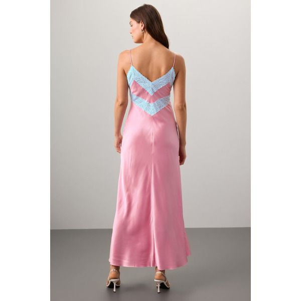 Pink (100% Silk). Cocktail Dress. V-Neck. Sleeveless. Pull on. Shoulder to hemline length: 57". Imported. V-neck Lined Maxi Dress For Daywear, Elegant Pink V-neck Slip Dress, Spring V-neck Sleeveless Dress For Night Out, Fitted Maxi Length V-neck Dress For Daywear, Spring Cocktail Maxi Dress With Spaghetti Straps, Summer Satin V-neck Dress For Night Out, Spring V-neck Spaghetti Strap Dress For Date Night, Feminine Camisole Evening Dress, Feminine Evening Camisole Dress