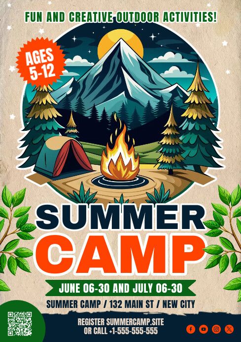 an outdoor camp flyer for summer camp