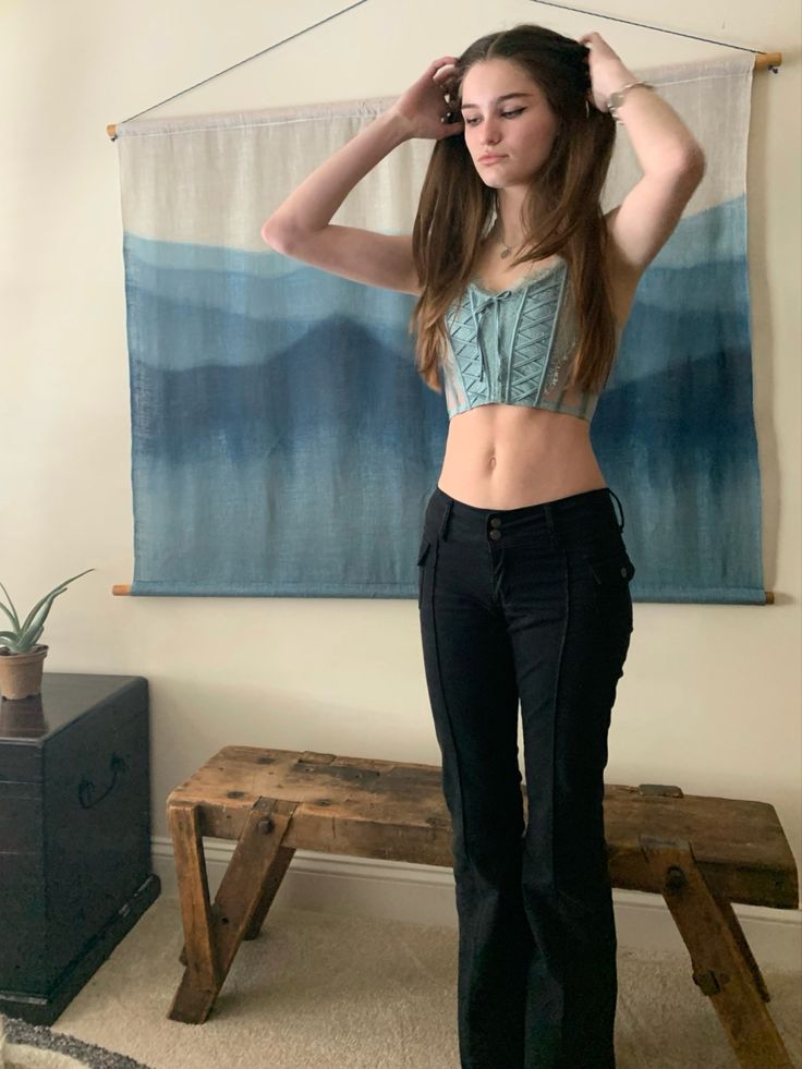 wearing brandy melville pants and victorias secret blue corset top, and tiffany&co necklace and bracelet, corset top outfit inspo Blue Corset Top, Corset Top Outfit, Corset Outfits, Brandy Melville Pants, Blue Corset, Brooklyn Baby, School Clothes, Top Outfit, Necklace And Bracelet