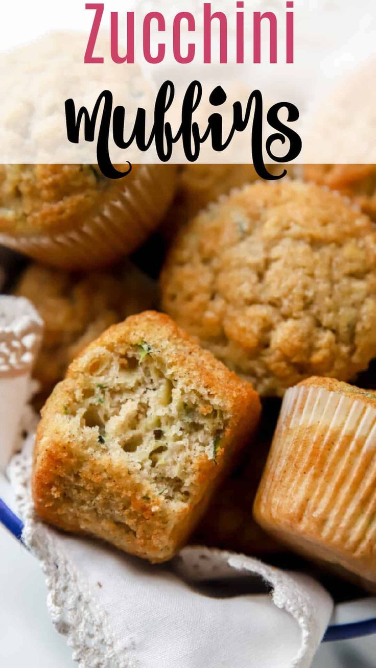 zucchini muffins on a plate with text overlay