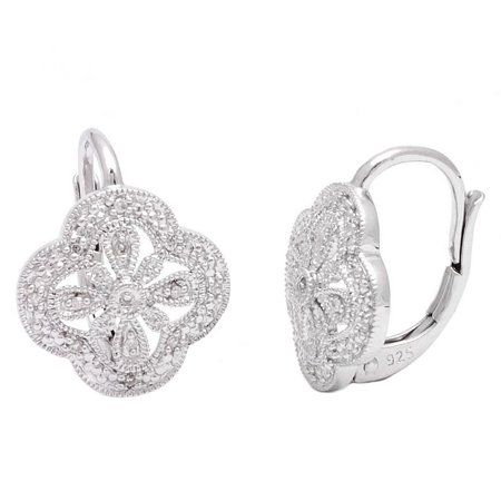 Sterling Silver Filigree Single Pave Diamond Earrings (Silver Diamond Earrings) Size: 13.84mm H. Gender: female. Age Group: adult. Classic Formal Flower-shaped Earrings, Silver Diamond Flower Shaped Earrings, Classic Silver Diamond Flower-shaped Earrings, Silver Diamond Earrings In Flower Shape, Classic White Gold Flower Earrings For Pierced Ears, Elegant Flower-shaped Hoop Earrings For Anniversary, Classic Flower Earrings, Silver Flower-shaped Cluster Earrings For Formal Occasions, Classic Round Flower Earrings For Formal Occasions