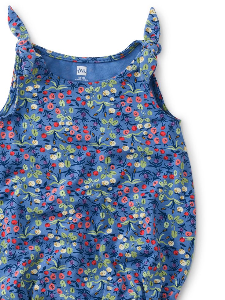 Adjustable bow tie shoulder straps and a fanciful print makes this cotton romper the perfect choice for fresh spring adventures. Matching family styles are available in our Sibling Shop. Cute Printed Summer Jumpsuits And Rompers, Spring Floral Print Cotton Bubble Romper, Cotton Jumpsuits And Rompers With Tie Straps For Vacation, Cotton Jumpsuit With Tie Straps For Vacation, Cute Printed Sleeveless Bubble Romper, Blue Sleeveless Casual Bubble Romper, Blue Bubble Romper For Summer Playdate, Sleeveless Cotton Floral Print Jumpsuits And Rompers, Summer Cotton Bubble Romper With Floral Print