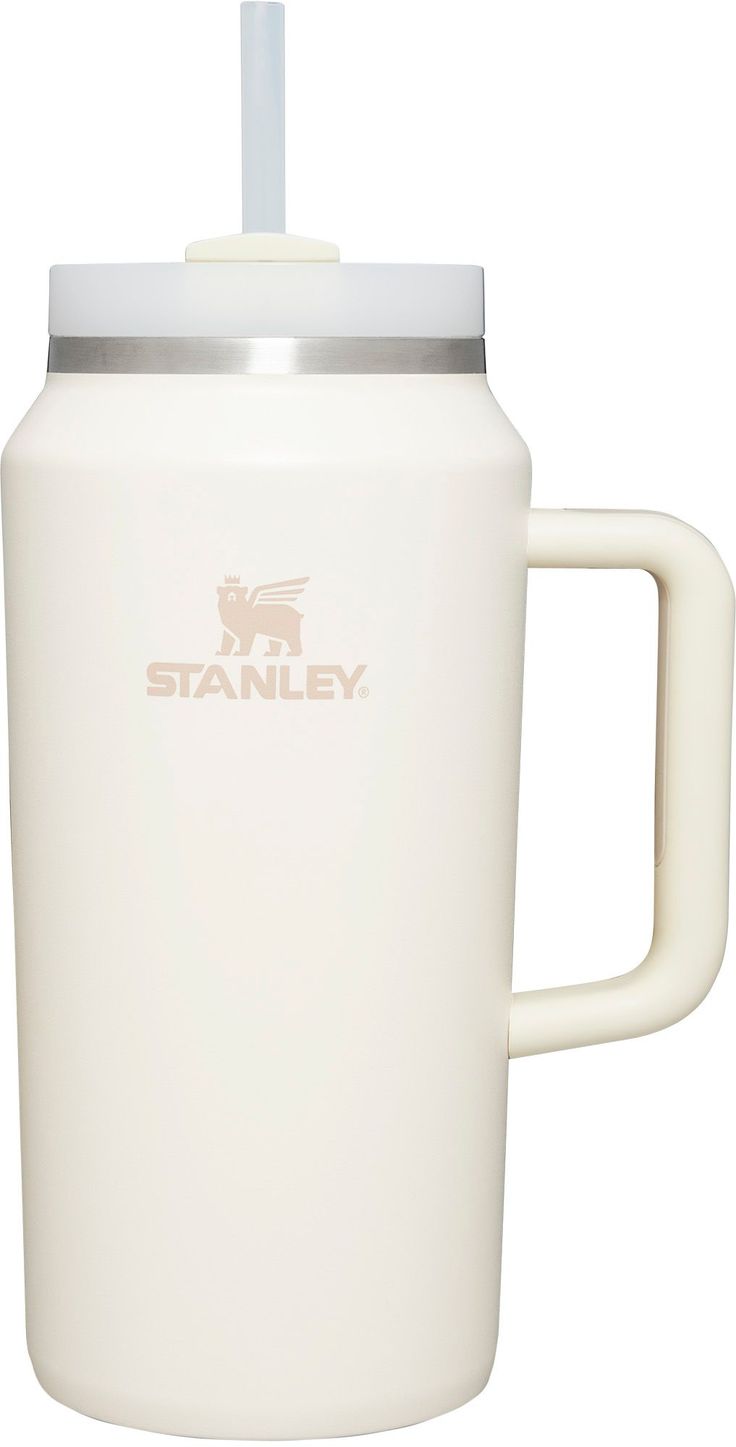 a white travel mug with a straw in the lid and handle is shown against a white background