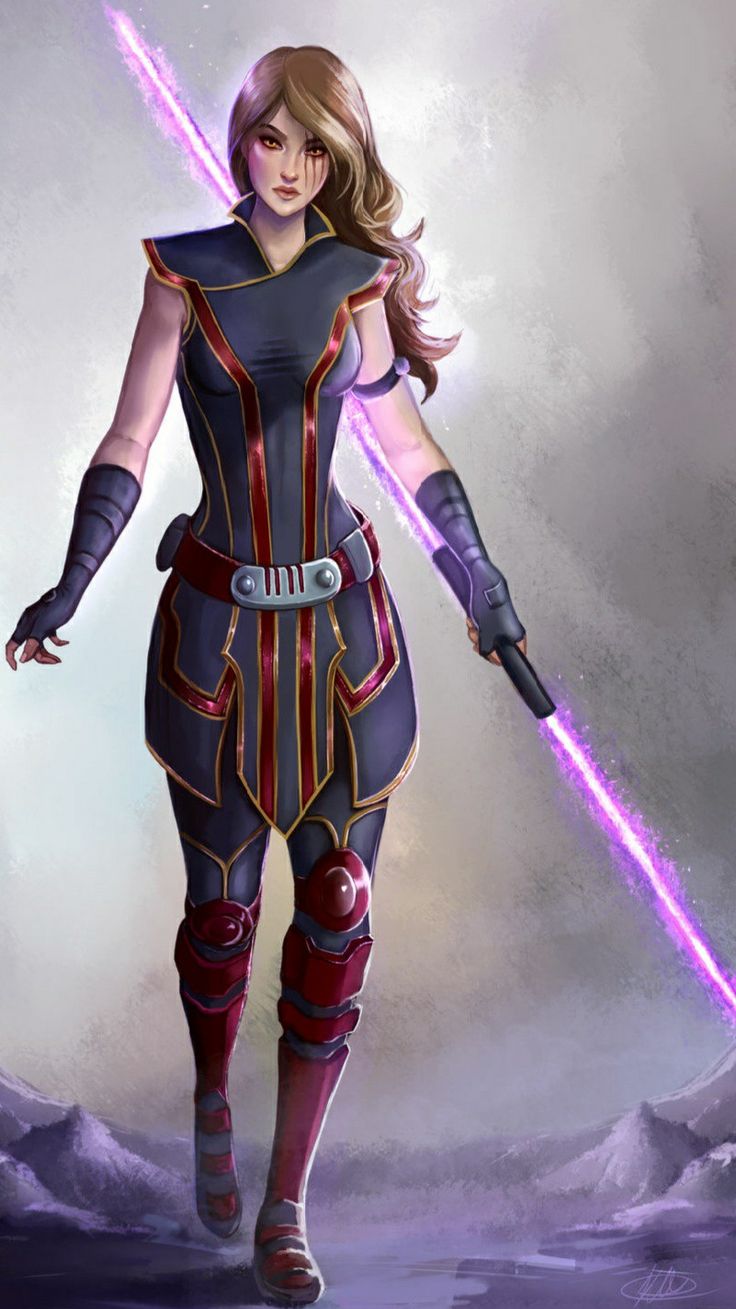 a woman in a star wars outfit holding a light saber