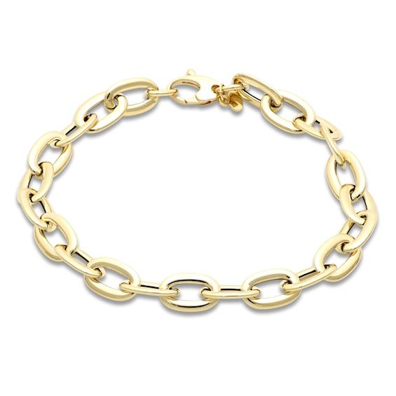 Dynamic oval-shaped hollow links of graduating size line the length of this breathtaking women's bracelet. 14K Yellow Gold The 7.5-inch chain secures with a lobster clasp. From the Italia D'Oro Collection Exclusively available from Jared® the Galleria of Jewelry. Oval Gold Chain Bracelet, Elegant Gold Bracelet With Cable Chain In Oval Shape, Elegant Oval Gold Cable Chain Bracelet, Elegant Oval Gold Bracelet With Cable Chain, Formal Oval Gold Bracelet With Cable Chain, Oval Yellow Gold Cable Chain Bracelet, Oval Cable Chain Bracelet In Yellow Gold, Tarnish Resistant Gold Oval Bracelet, Yellow Gold Oval Chain Bracelet