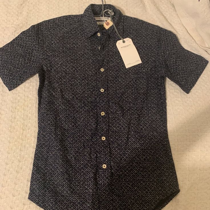 A Never-Worn Brooklyn Tailors Patterned Navy Button-Up Originally Priced At $160. Blue Slim Fit Shirt With Button Closure, Fitted Button-up Shirt With Buttons, Blue Fitted Shirt With Button Closure, Fitted Blue Shirt With Button Closure, Blue Slim Fit Shirt With Buttons, Slim Fit Short Sleeve Shirt With Button Closure, Slim Fit Blue Shirt With Buttons, Blue Slim Fit Shirt, Semi-formal Fitted Shirt With Pockets