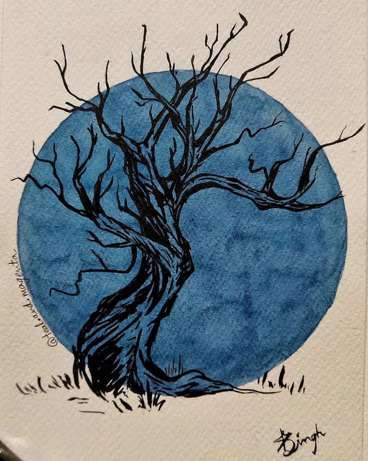 a drawing of a tree in front of a blue circle with the moon behind it