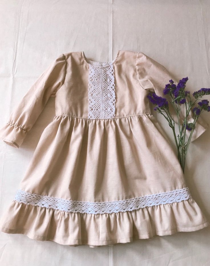 Vintage, handmade with beige fabric and white lace. 100 % cotton fabric. Very comfy for your baby to wear. Cute and protective as well. Protective from wind.  *Comes in sizes 0-3 months and older, up to 4 years old Handmade in the USA *IF YOU BUY SET, you get $3.50 OFF!! Cream Lace Dress For Summer Baptism, Summer Cotton Lace Dress With Lace Trim, Cute Beige Cotton Dress, Cute Beige Baptism Dress, Cute Beige Dress For Baptism, Spring Cotton Lace Patchwork Dress, Spring Cotton Lace Dress With Lace Trim, Beige Dress For Baptism And Spring, Beige Spring Baptism Dress