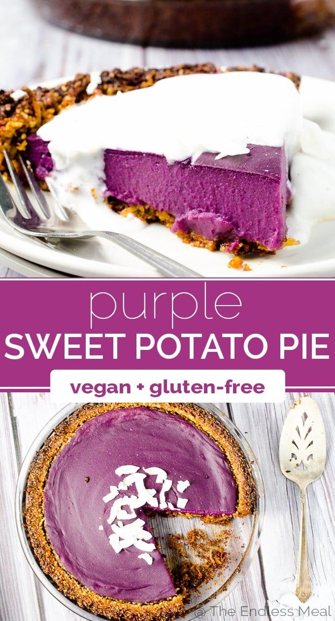 purple sweet potato pie on a plate with a slice cut out and the text overlay reads, purple sweet potato pie vegan - glution - free