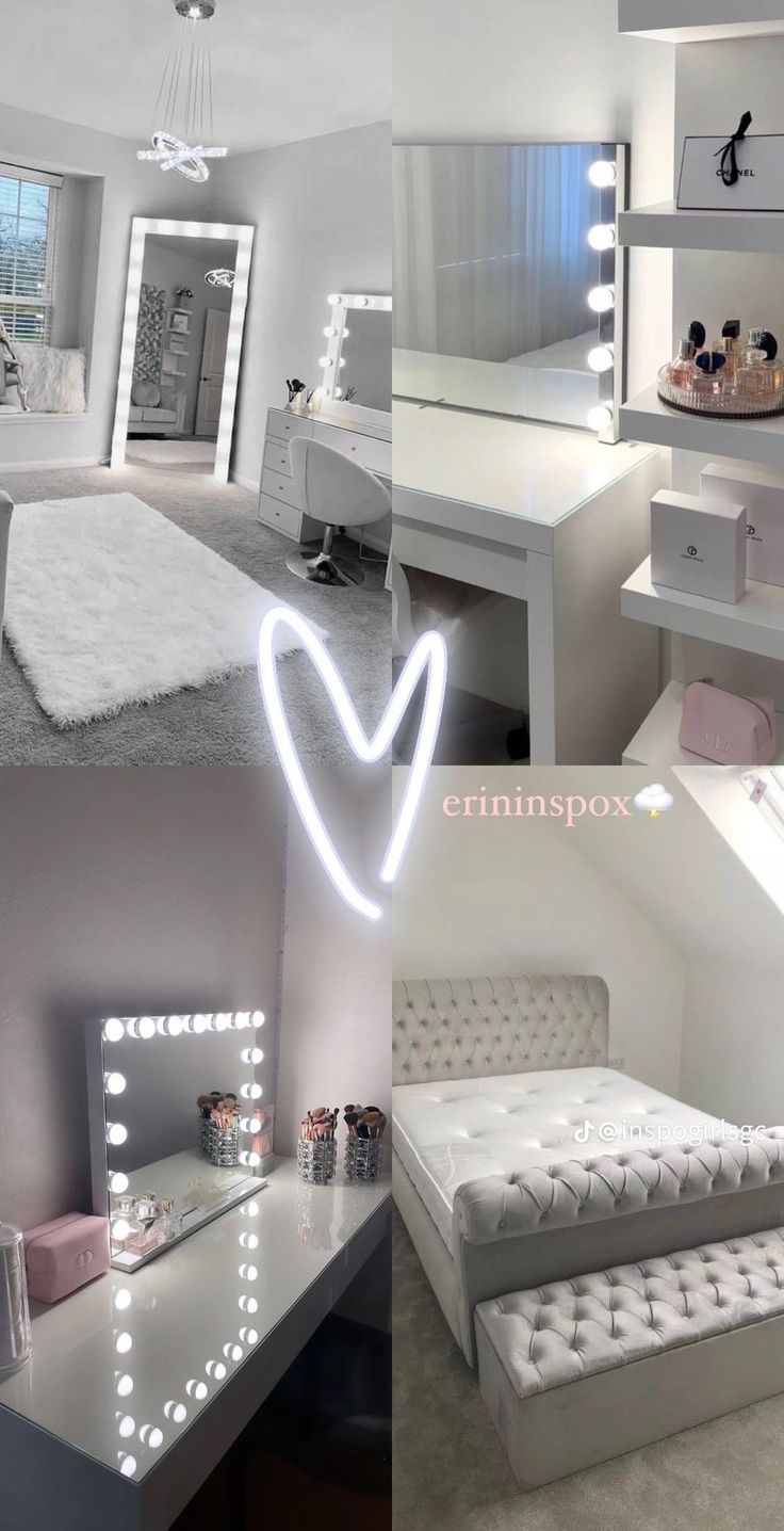 a bedroom with white furniture and lights on the walls, including a bed in front of a mirror