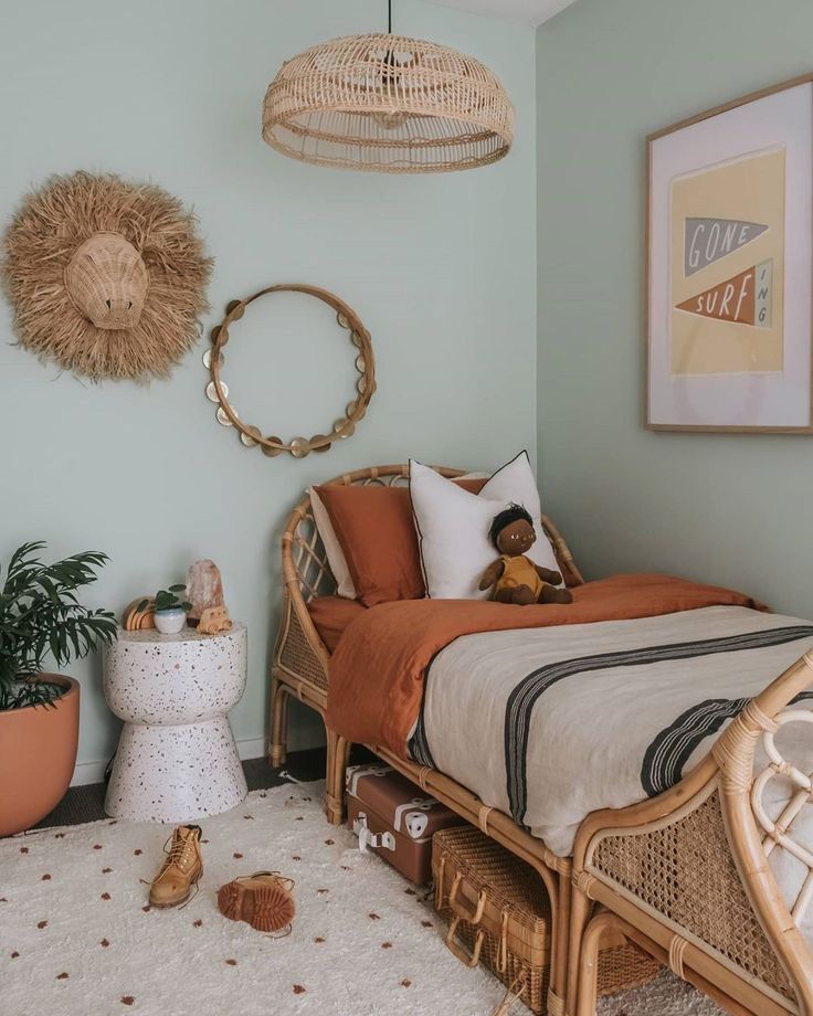 a bedroom with a wicker bed, rattan headboard and rugs on the floor