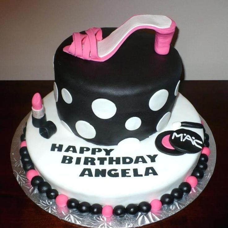 a birthday cake decorated with black and white polka dots, pink accents and a shoe